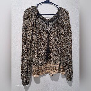 Lucky Brand Brown and Tan Tie Front Long Sleeve Blouse